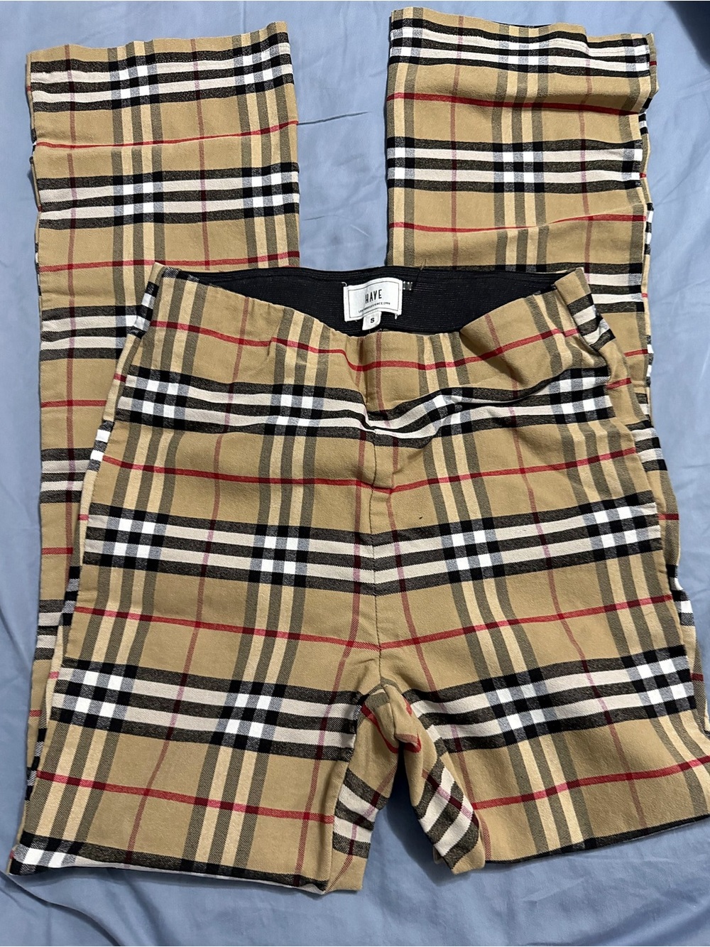 Have Tan Plaid Stretch Pants with Black, White & Red Stripes